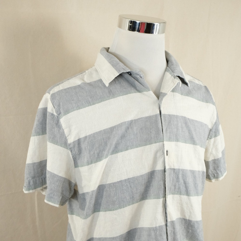 Prana Large Crocket Camp Shirt Grey Striped Short Sleeve Organic Cotton Blend